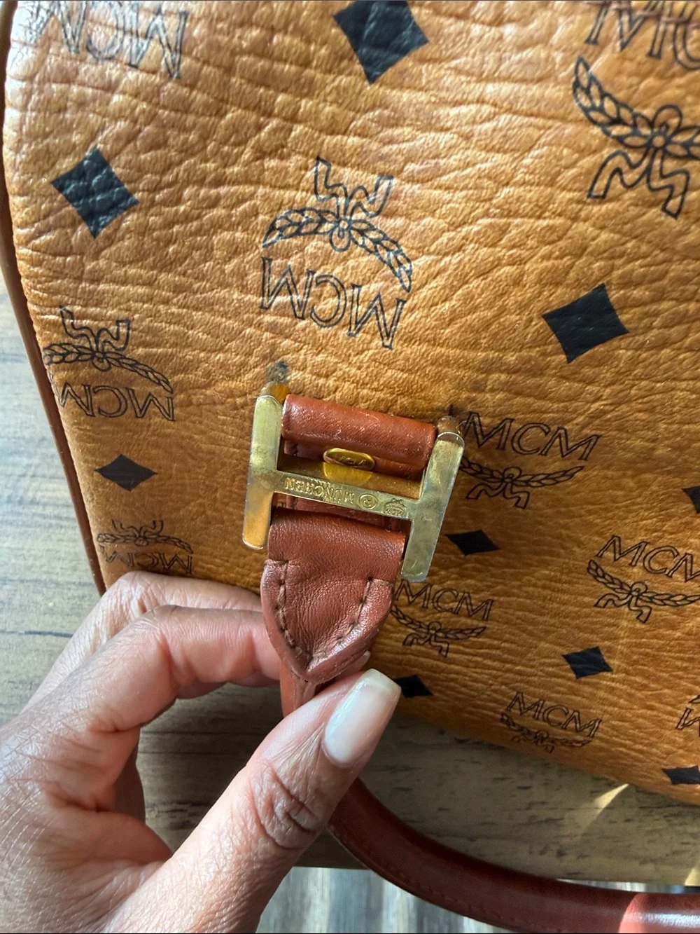 MCM Cognac Visetos Logo Satchel with Gold Hardware